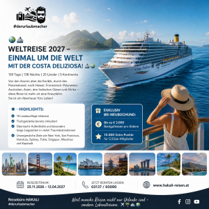 Weltreise 2027 mit der Costa Deliziosa