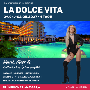 La Dolce Vita in Bibione, 29. April bis 2. Mai 2027, mit unverändertem Originalfoto von Natalie Holzner und Foto des Bibione Palace.