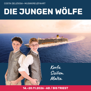 Die Jungen Wölfe mit ihrem unveränderten Originalfoto – Musikkreuzfahrt Costa Deliziosa, 14.–20. November 2026, ab und bis Triest.