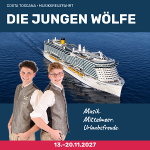 Die Jungen Wölfe mit ihrem unveränderten Originalfoto – Musikkreuzfahrt auf der Costa Toscana, 13.–20. November 2027.