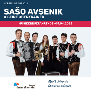 Sašo Avsenik und seine Oberkrainer – vollständiges Original-Studiofoto und offizielles Logo, Musikkreuzfahrt 8.–15. April 2028.