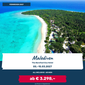 Malediven mit The Barefoot Eco Hotel vom 5. bis 15. März 2027, All Inclusive ab Wien.